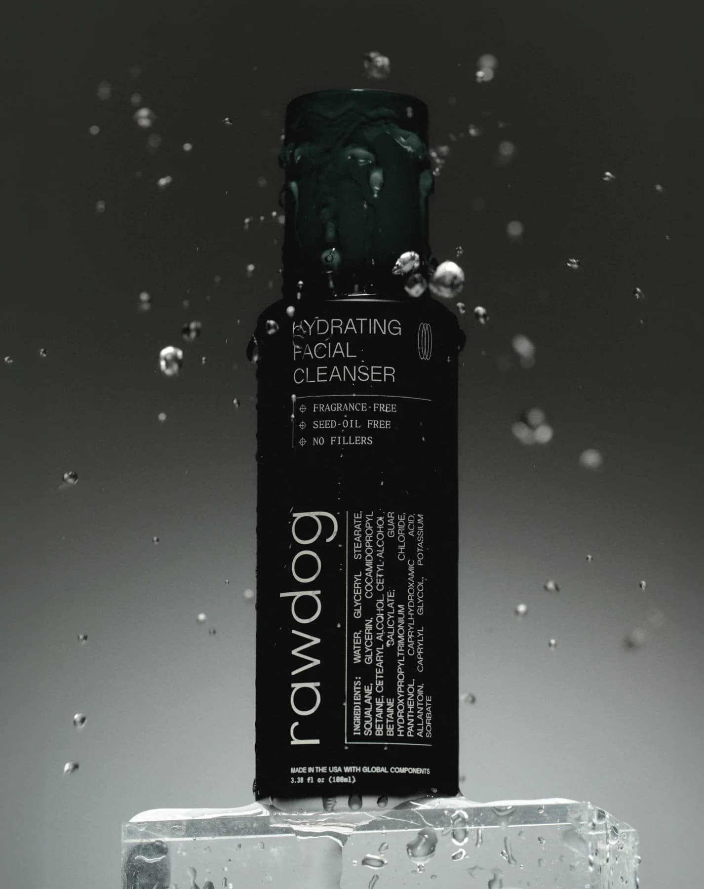 RAWDOG Hydrating Facial Cleanser with water droplets