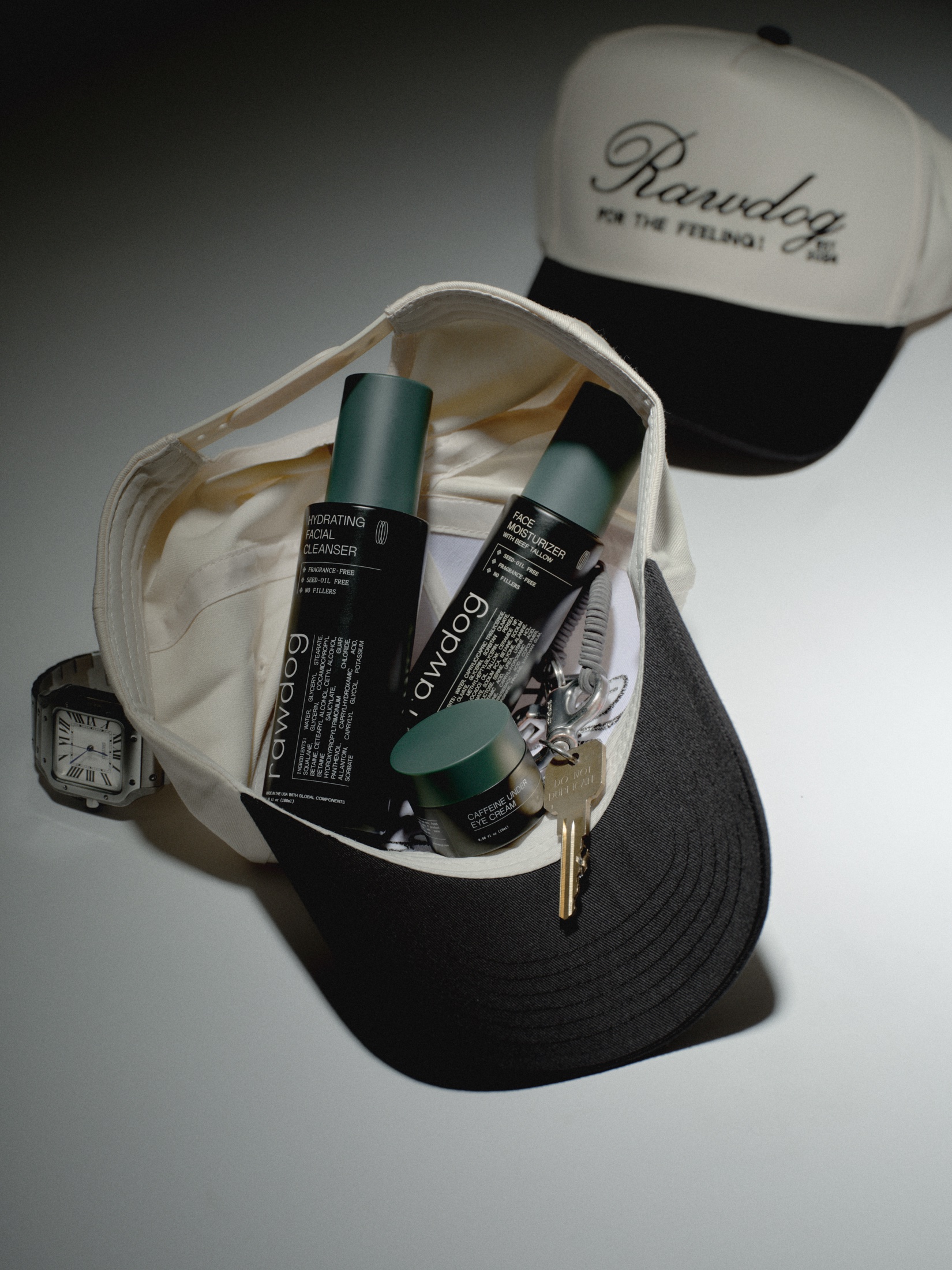 RAWDOG Trucker Hats styled with the RAWDOG skincare routine